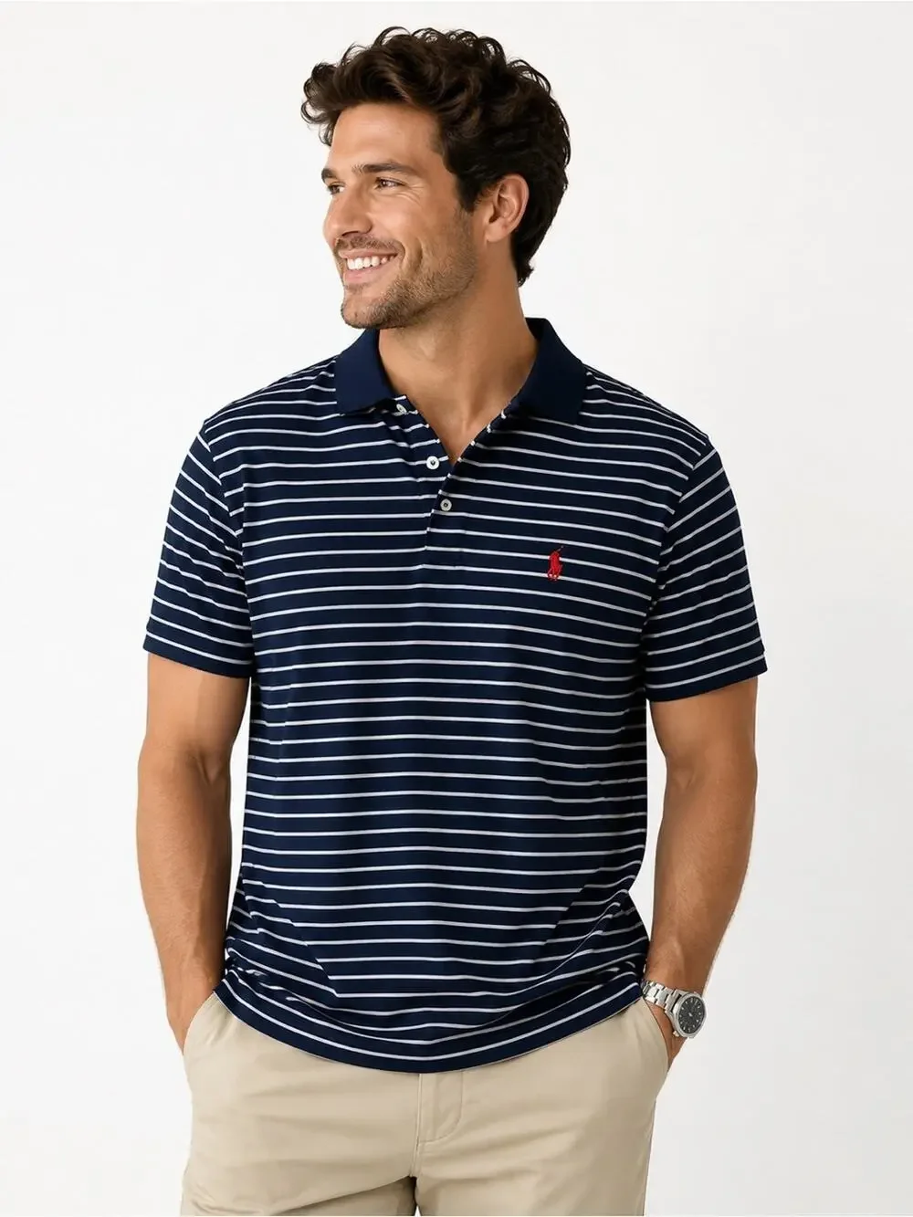Polo by Ralph Lauren Performance Classic Fit Navy White Striped Polo Size Large
